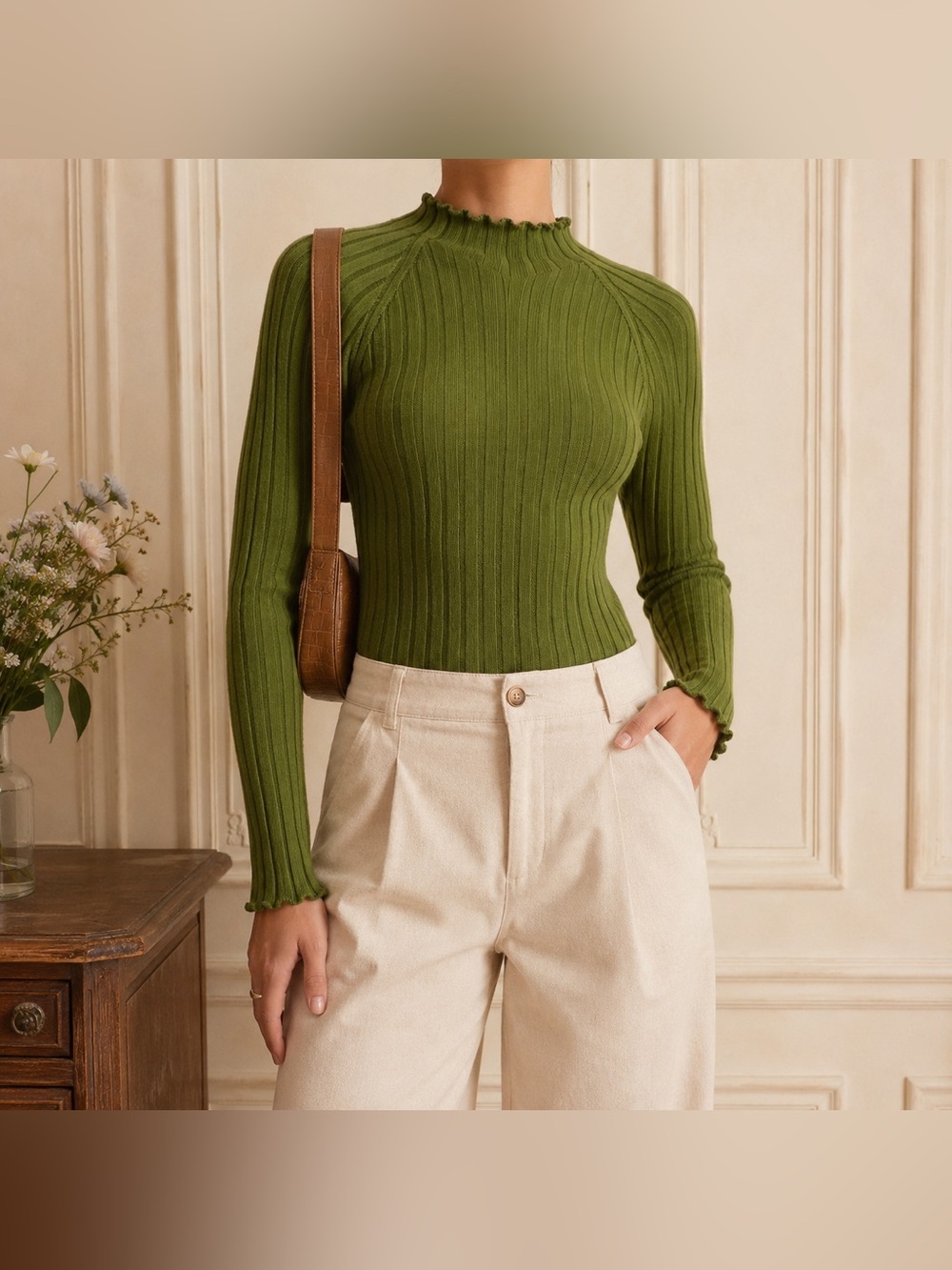 Sezane Sweater Mock Neck Ribbed Fitted Women’s Small Wool Blend Luxury Green